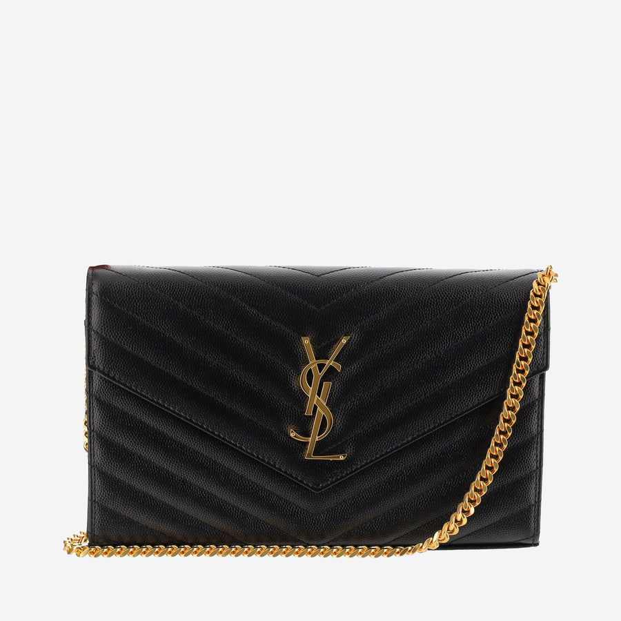 Saint Laurent Quilted Calfskin With Chain Strap Wallet — Black Leather