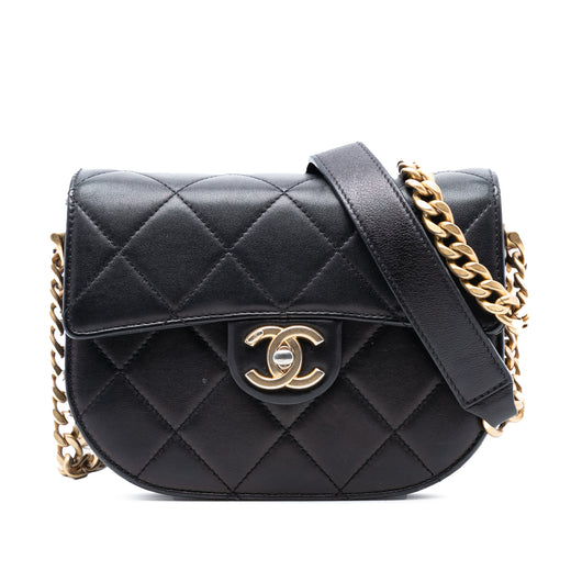Mini CC Quilted Shiny Calfskin Round Moon Messenger Flap - Image 1