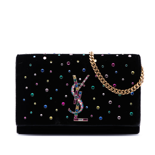Crystal Embellished Velvet Monogram Kate Wallet On Chain - Image 1