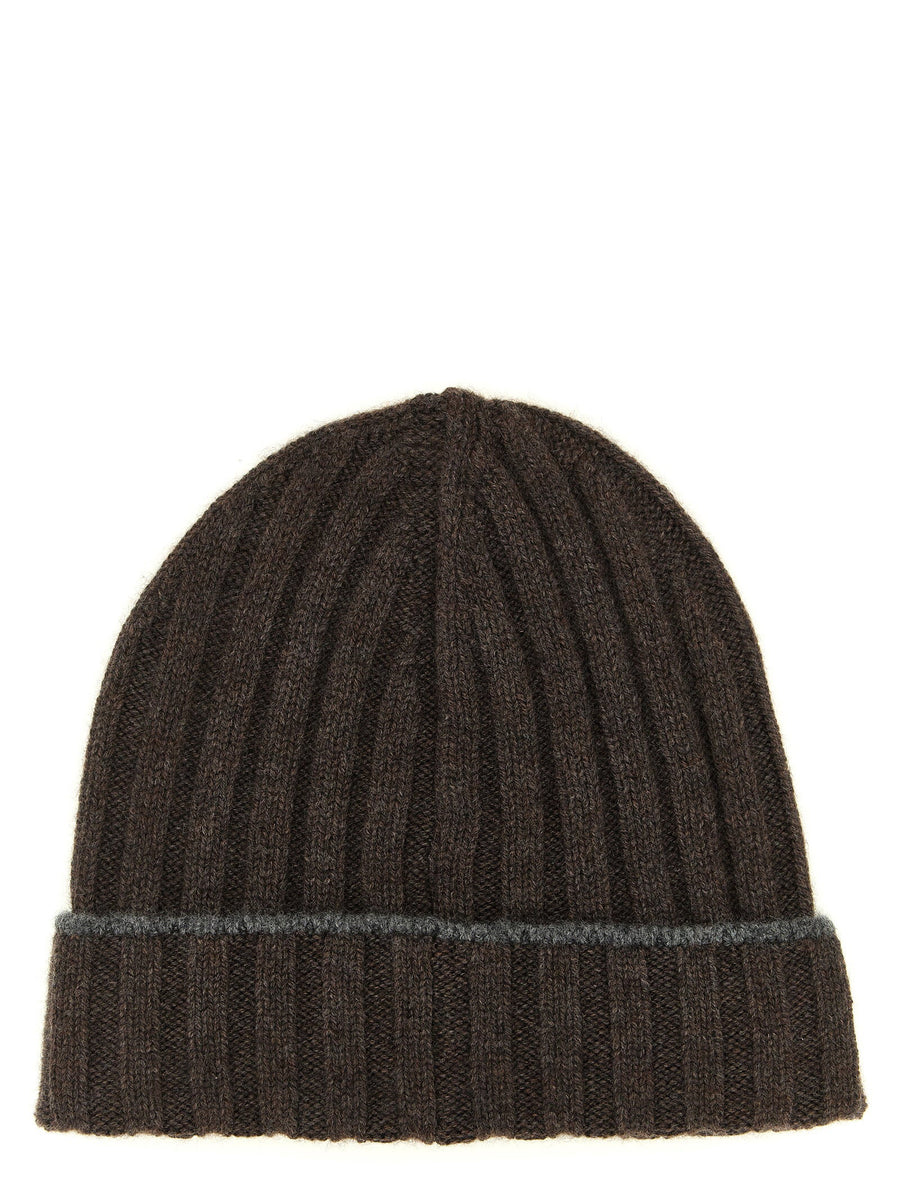 Brunello Cucinelli Cashmere Ribbed Beanie — Brown Pure Beanies