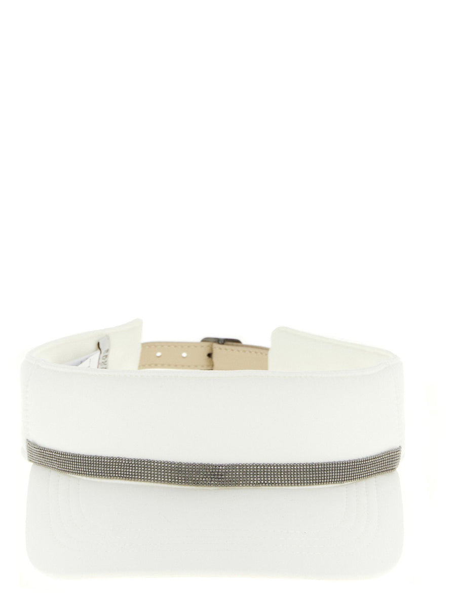 Brunello Cucinelli Monile-Embellished Visor — White Technical Fabric Visors
