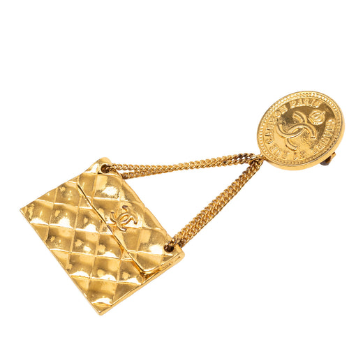 CC Gold Plated Quilted Flap Bag Medallion Brooch - Image 1