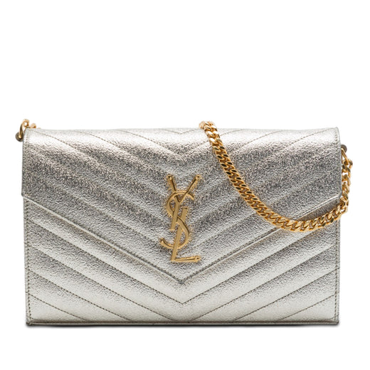 Metallic Grain De Poudre Matelasse Chevron Monogram Chain Wallet - Image 1