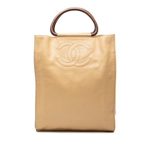 CC Caviar Wood Top Handle Tote Bag - Image 1