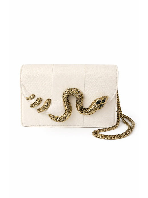 Roberto Cavalli Snakeskin-Effect Metal Flap Shoulder Bag — White Leather