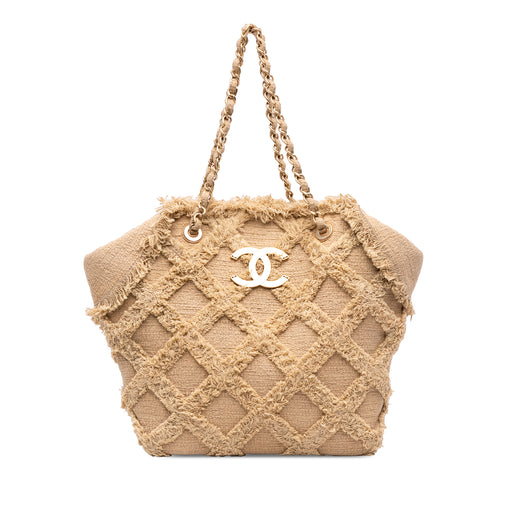 Diamond Stitch Tweed and Raffia Nature Tote - Image 1