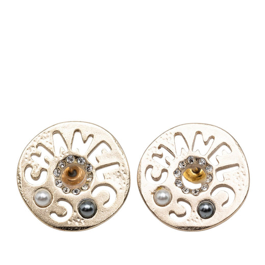 Gold Plated Strass Faux Pearl Coco Logo Disc Pushback Earrings - Image 1