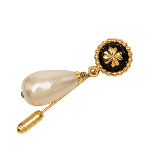 Gold Plated Clover Faux Pearl Drop Brooch - Image 1