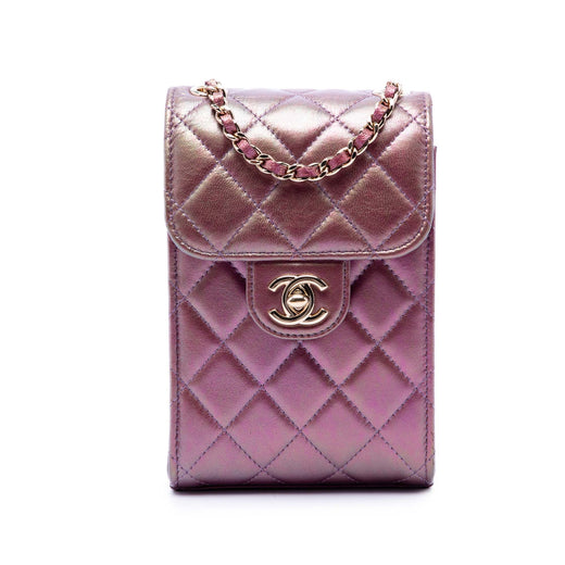 CC Quilted Iridescent Lambskin Phone Holder with Chain - Image 1