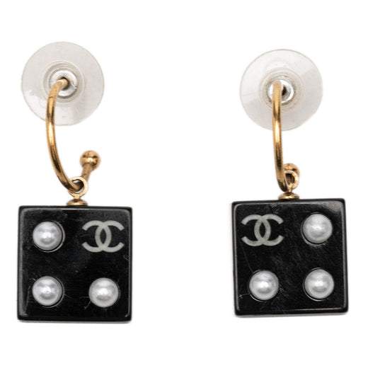 CC Gold Plated Resin and Faux Pearl Dice Drop Push Back Earrings - Image 1