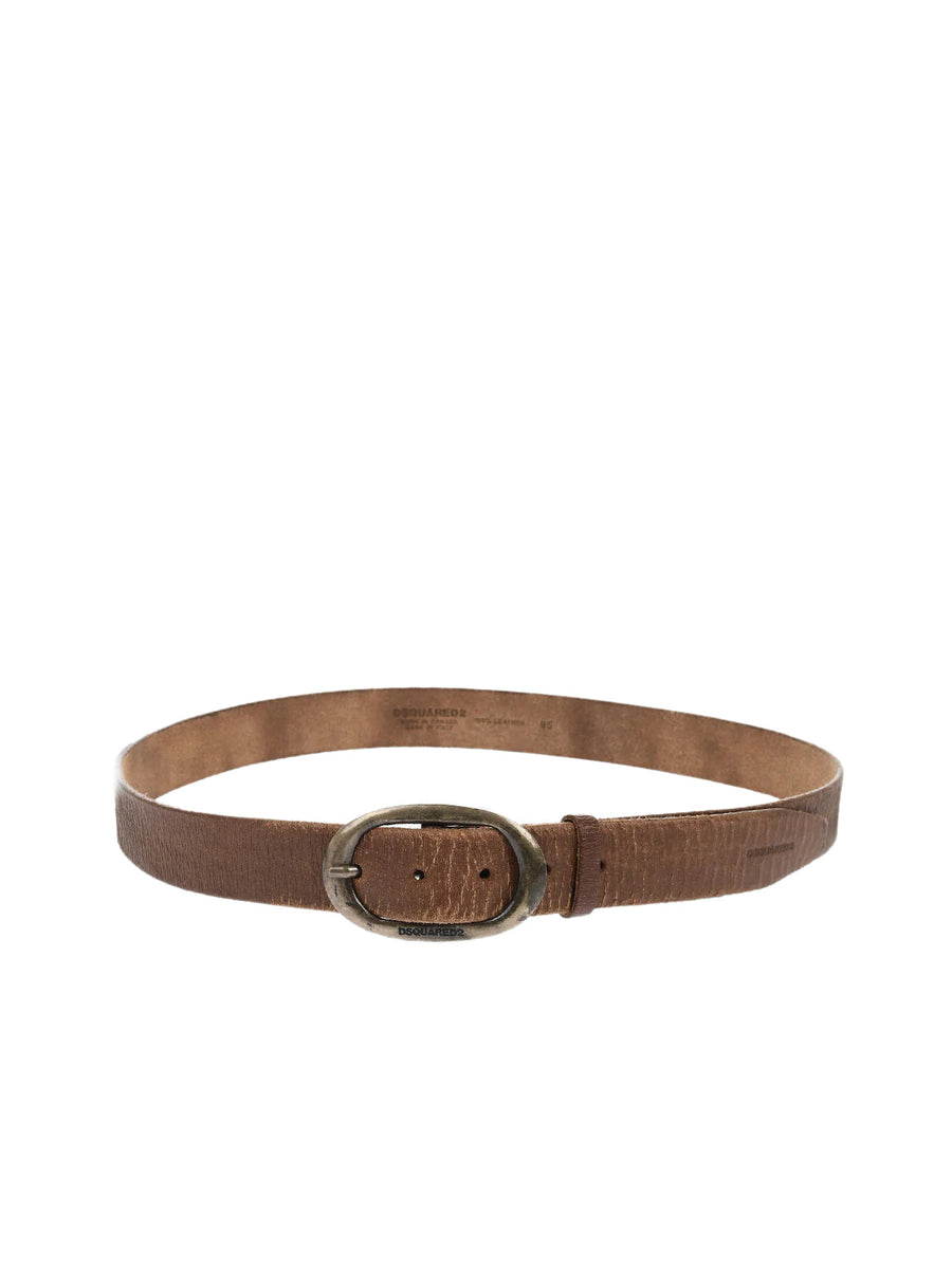 Dsquared2 Craquele Leather Logo Buckle Belt — Brown