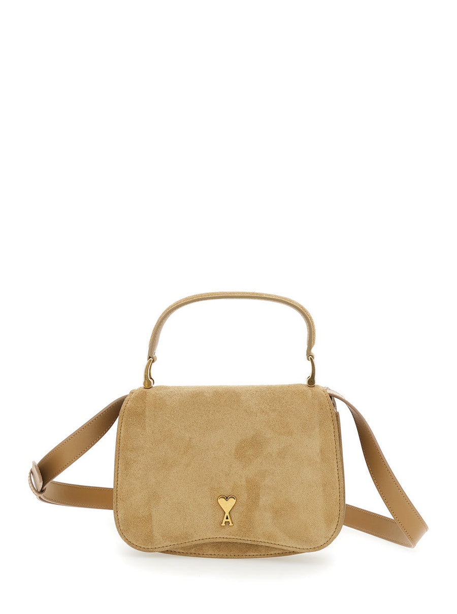Ami Paris Leather And Suede Shoulder Bag — Beige