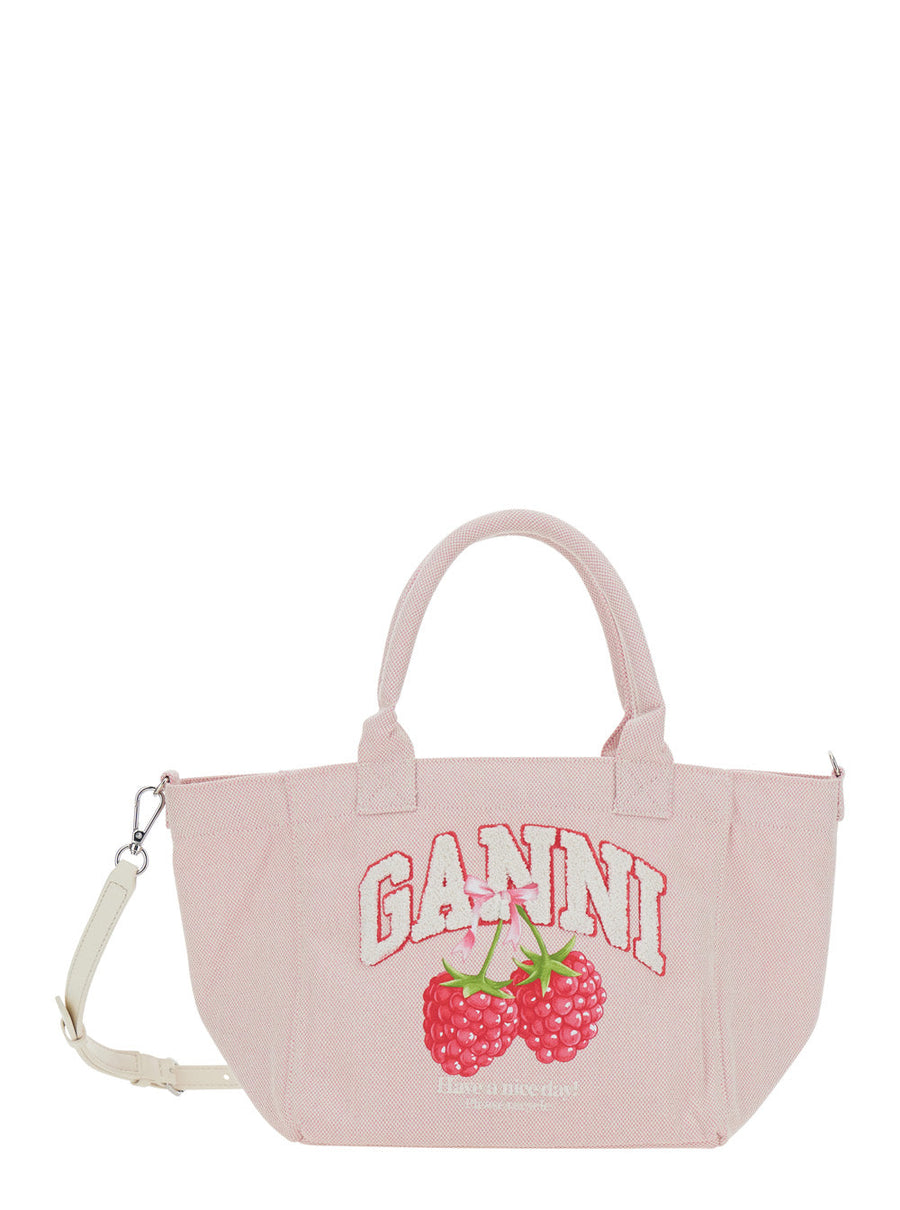 Ganni Embroidered Raspberry-Print Cotton Tote Bag — Pink