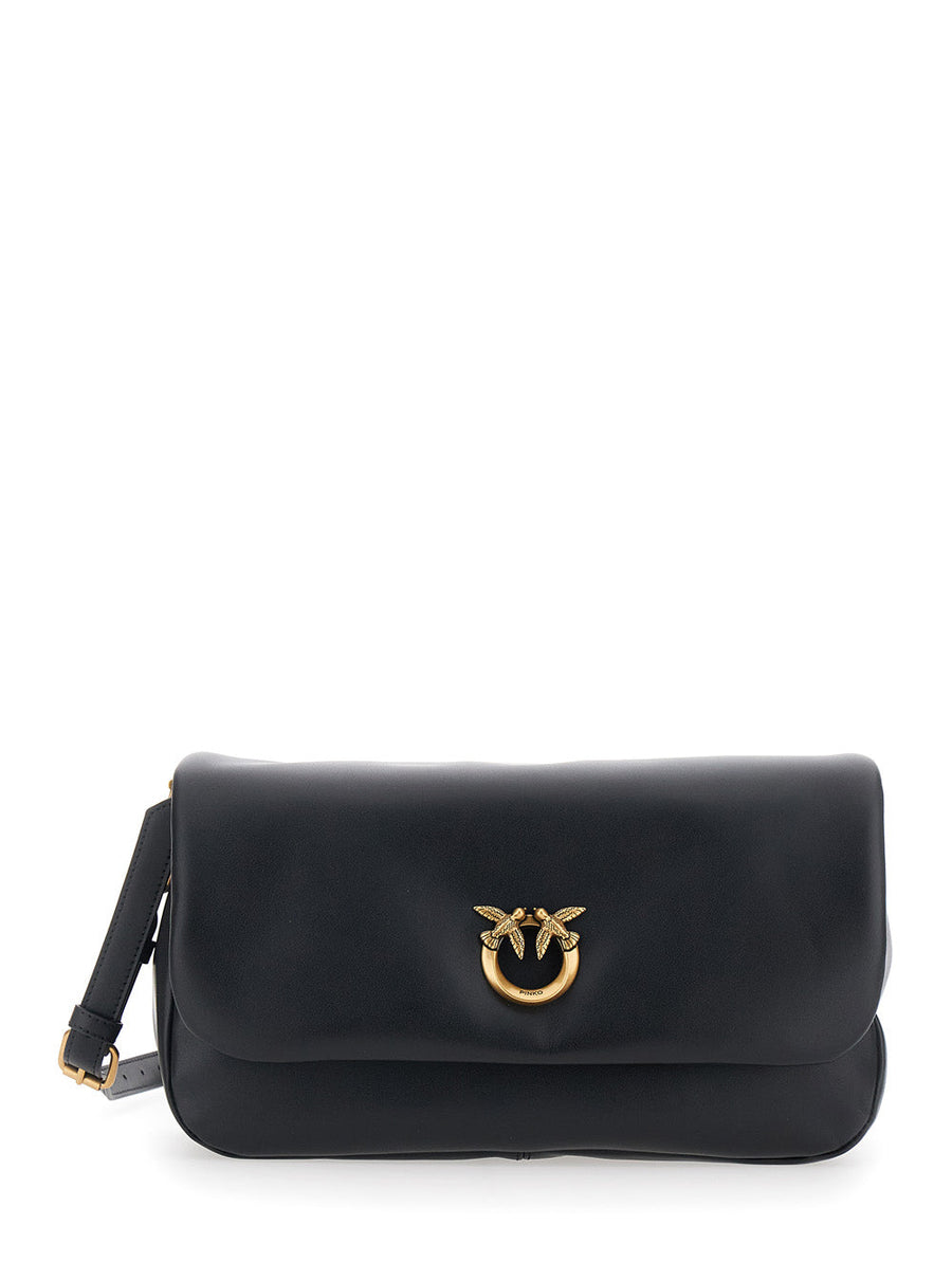 Pinko Love Birds Shoulder Bag — Black Leather