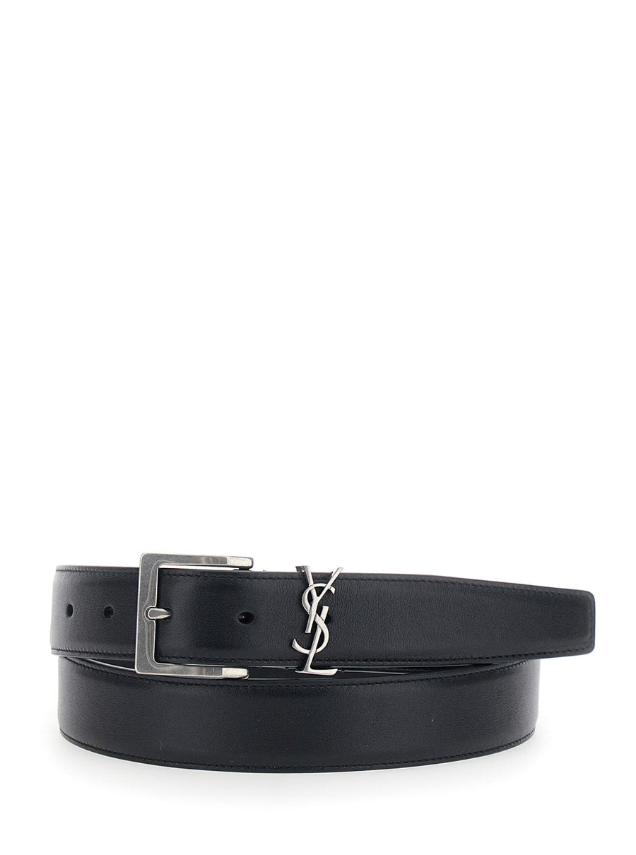 Saint Laurent Cassandre Plate Belt — Black Calfskin Leather