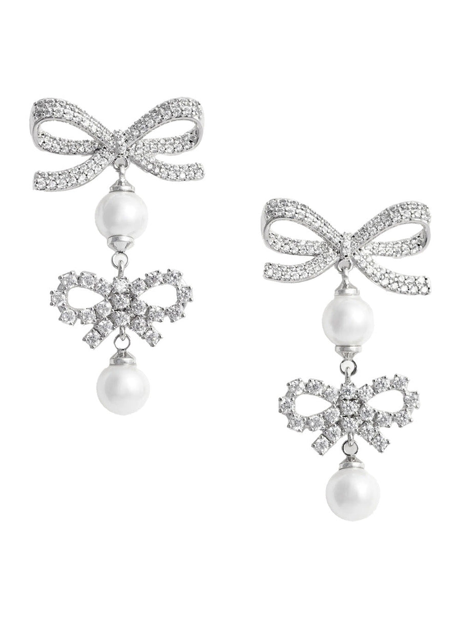Self-Portrait Crystal-Encrusted Double Bow Earrings — Silver Copper