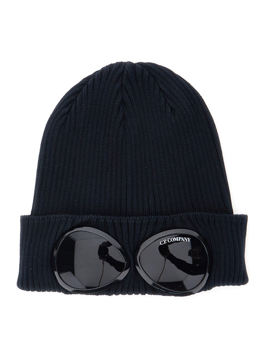 C.p. Company Rscmac747a Ribbed Knit With Goggle Detail Beanie — Navy Cotton Beanies