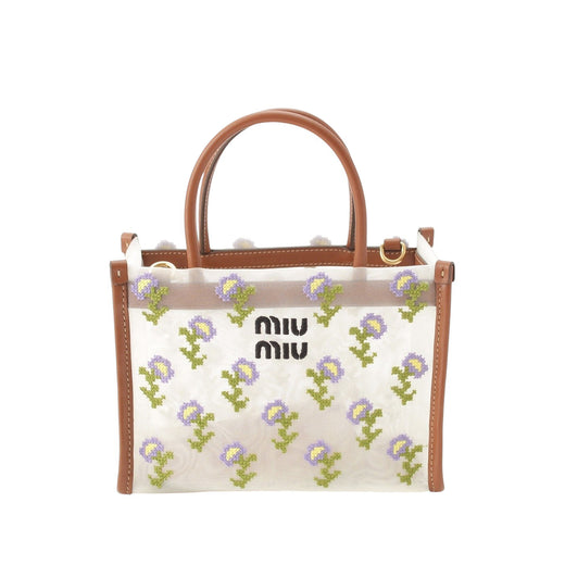 Leather Trimmed Embroidered Mesh Top Handle Bag - Image 1