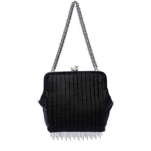Pleated Satin Frame Pearl Chain Fringe Shoulder Bag - Image 1