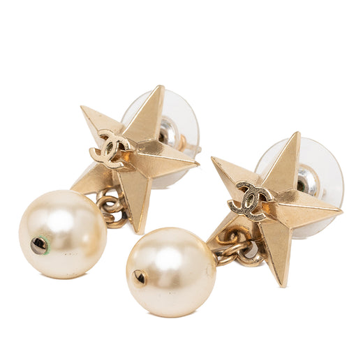 CC Gold Plated Faux Pearl Star Drop Push Back Earrings - Image 1