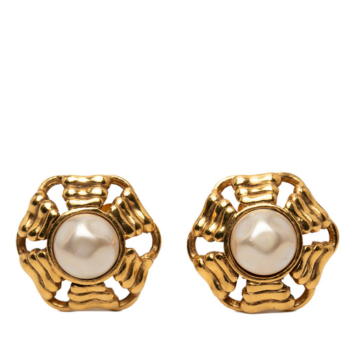 Gold Plated Faux Pearl Wavy Clip On Earrings - Image 1