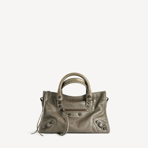 Balenciaga Metallic-Studded Leather Top Handle Bag — Khaki