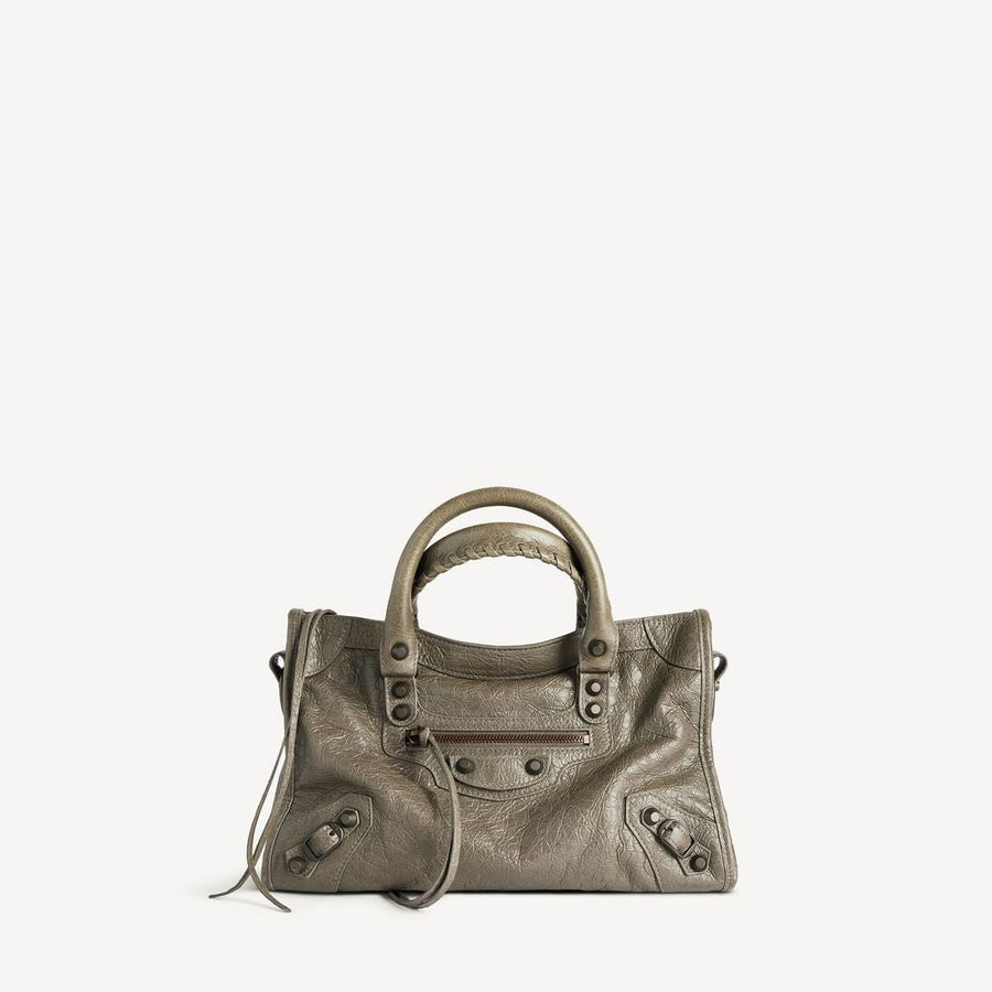 Balenciaga Metallic-Studded Leather Top Handle Bag — Khaki