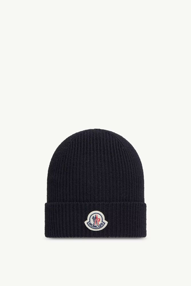 Moncler L20913b70500a9342999 Ribbed Knit Logo Beanie — Navy Wool Beanies