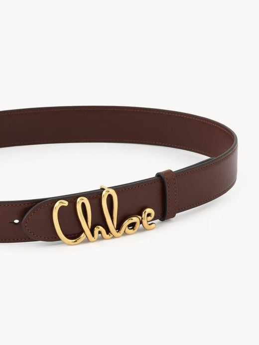 Chloé Script Logo Buckle Belt — Brown Calfskin Leather