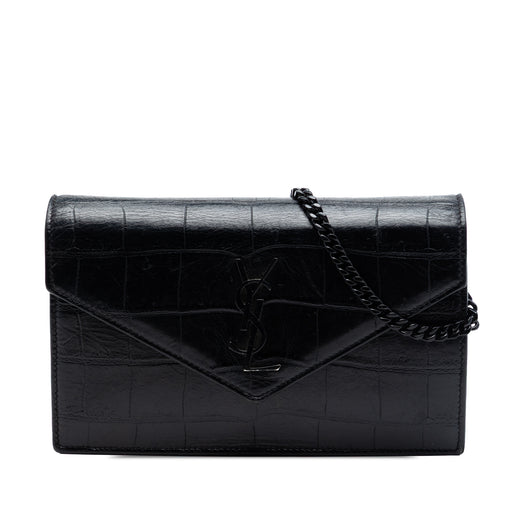 Croc Embossed Leather Monogram Monochrome Envelope Chain Wallet - Image 1