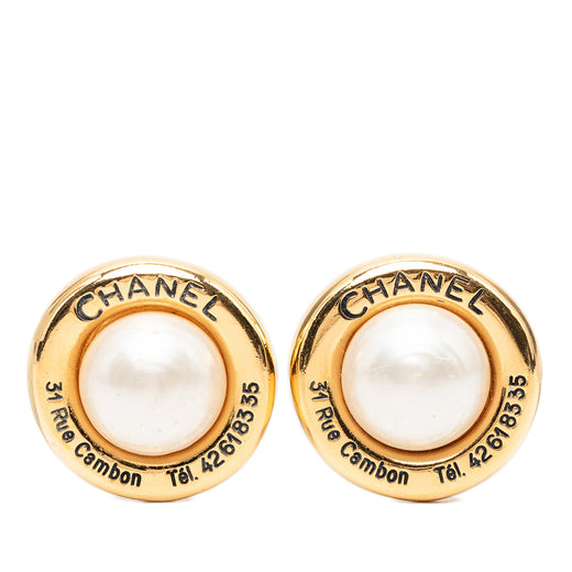 Gold Plated Faux Pearl 31 Rue Cambon Round Clip On Earrings - Image 1