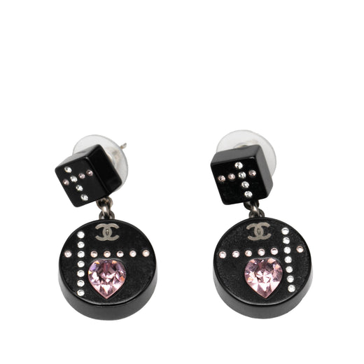 Resin CC Dice and Heart Crystal Drop Push Back Earrings - Image 1