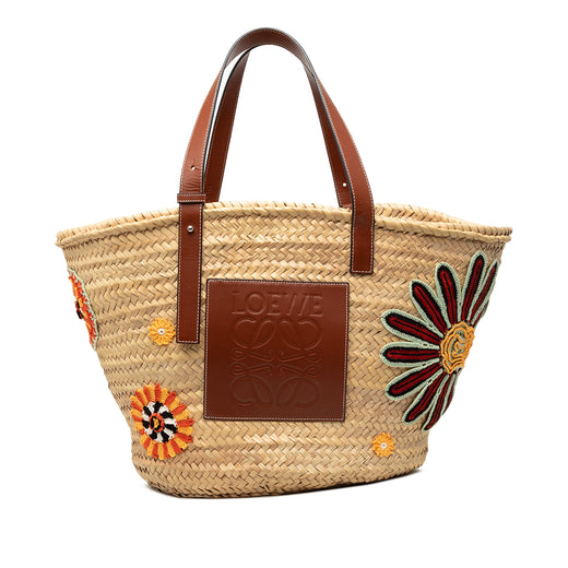 Large Floral Embroidered Raffia Basket Tote - Image 1