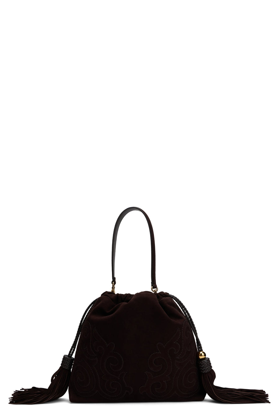 Etro Embroidered Leather With Tassels Shoulder Bag — Brown