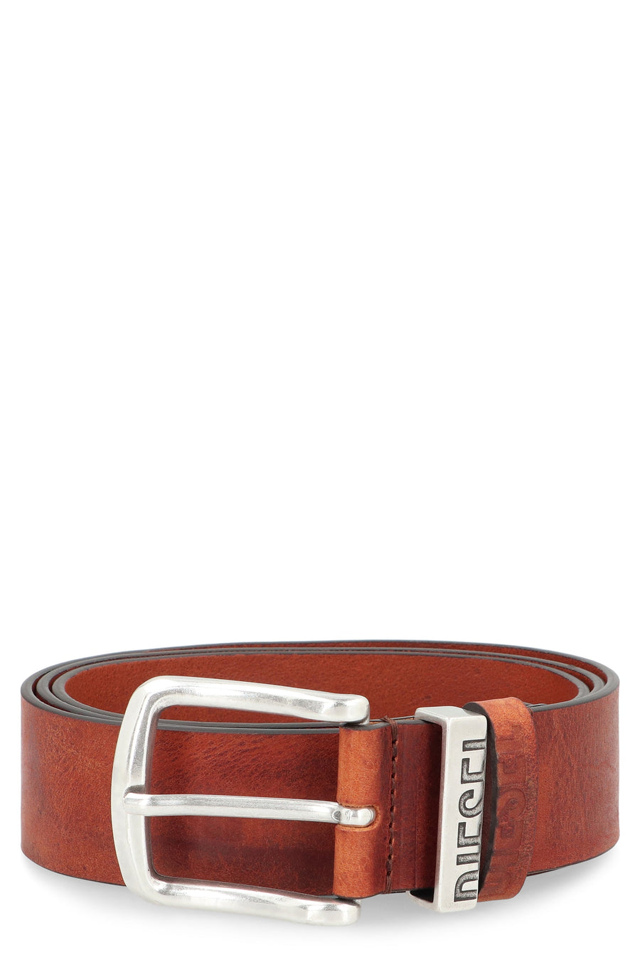 Diesel Leather With Silver-Tone Buckle Belt — Brown Cow Hide