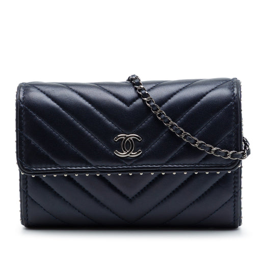 CC Chevron Lambskin Studded Wallet On Chain - Image 1