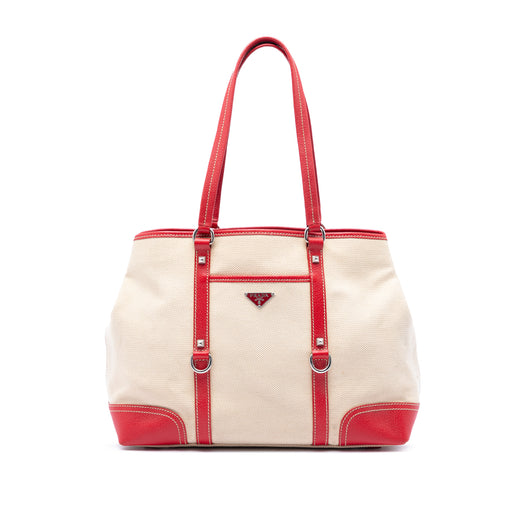 Studded Leather Trimmed Canvas Front Pocket Tote - Image 1