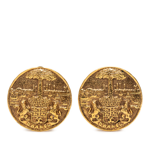 Gold Plated Medallion Coat of Arms Clip on Earrings - Image 1