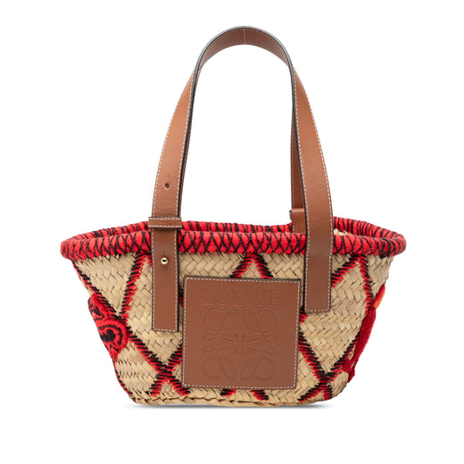 Small Raffia Animal Embroidered Anagram Basket Tote - Image 1
