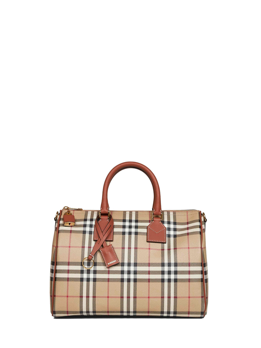 Burberry Coated Cotton Check Top Handle Bag — Beige
