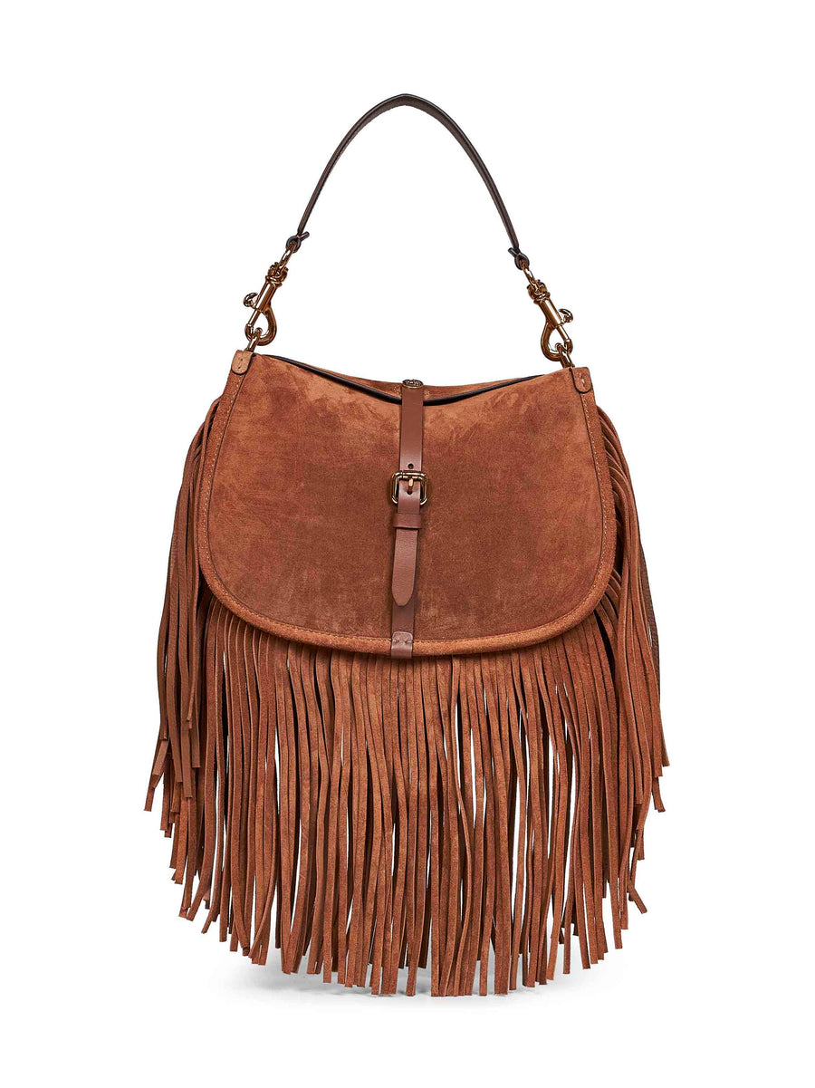 Etro Fringed Suede Shoulder Bag — Brown Calf Leather