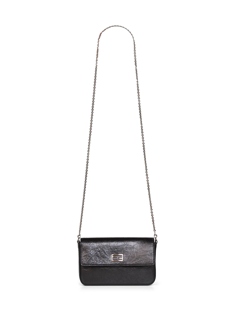 Fendi Crackle-Effect Leather Wallet On Chain — Black Calf Bag