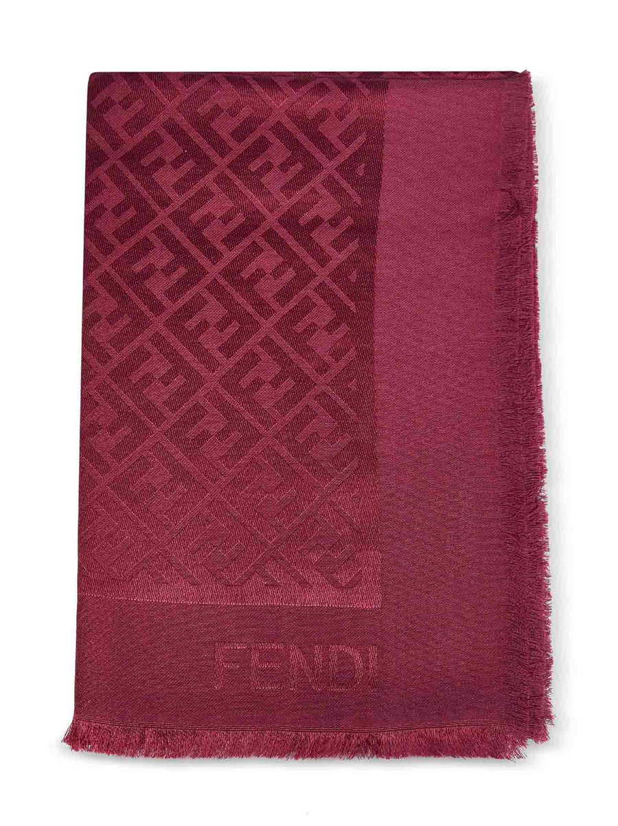 Fendi Logo-Jacquard Silk-Wool Scarf — Burgundy Scarfs