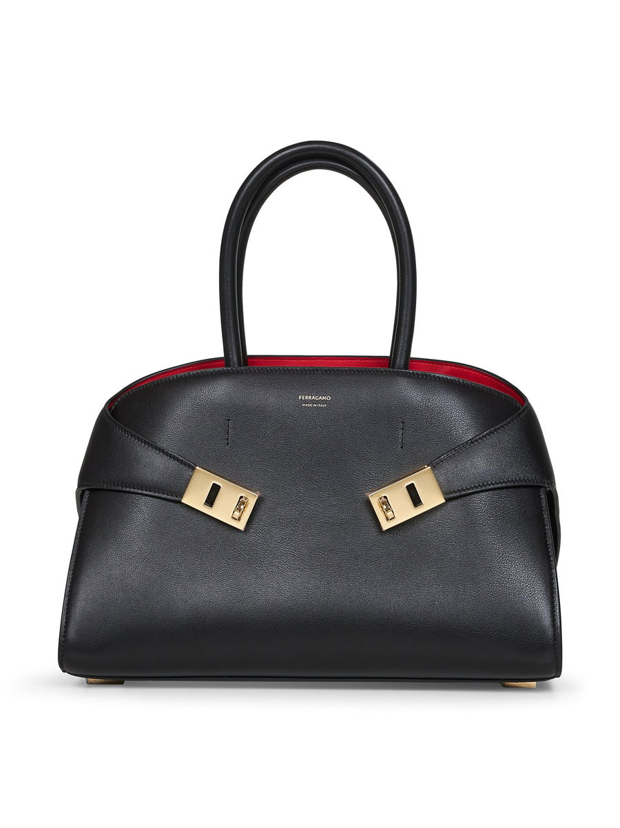 Ferragamo Hug Top Handle Bag — Black Calf Leather
