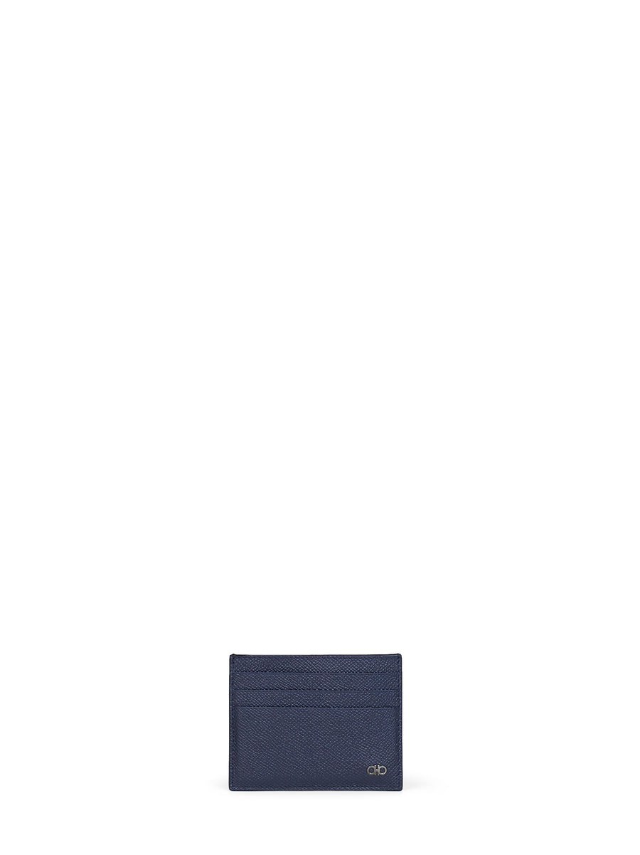 Ferragamo Gancini Ornament Card Case — Navy Calf Leather Cases
