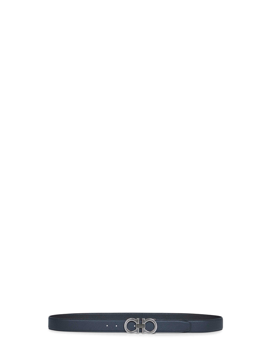 Ferragamo Two-Tone Gancini Reversible Belt — Blue Calf Leather