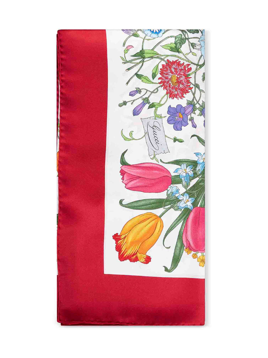 Gucci Silk Twill Flora Print Scarf — Red Scarfs