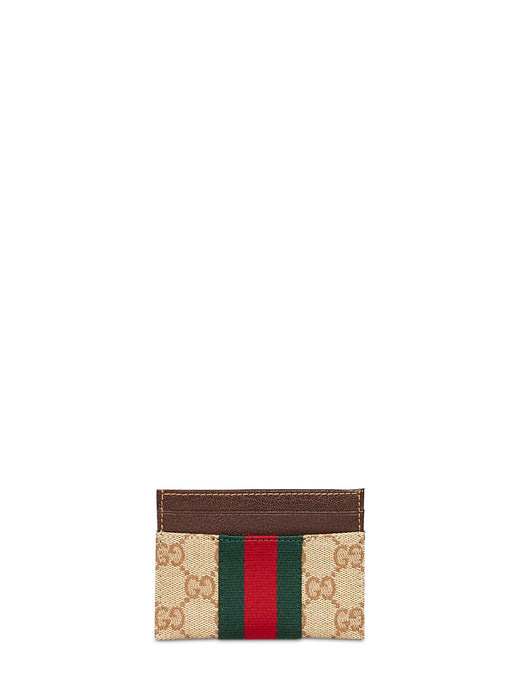 Gucci Gg Canvas With Web Stripe Card Case — Beige Calfskin Wallets & Purses