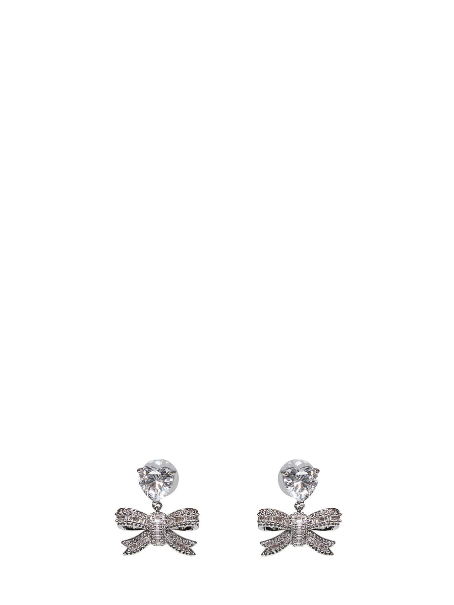 Self-Portrait Crystal Heart & Bow Earrings — Silver