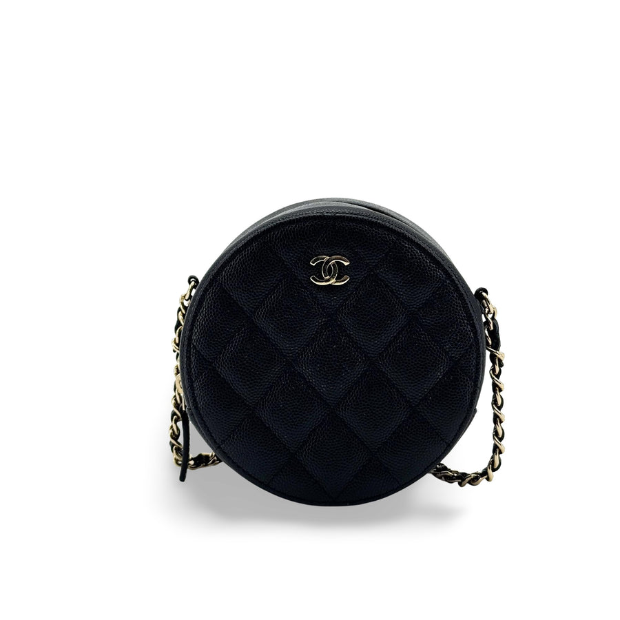 Chanel Round Chain Quilted Caviar Black Leather Bag